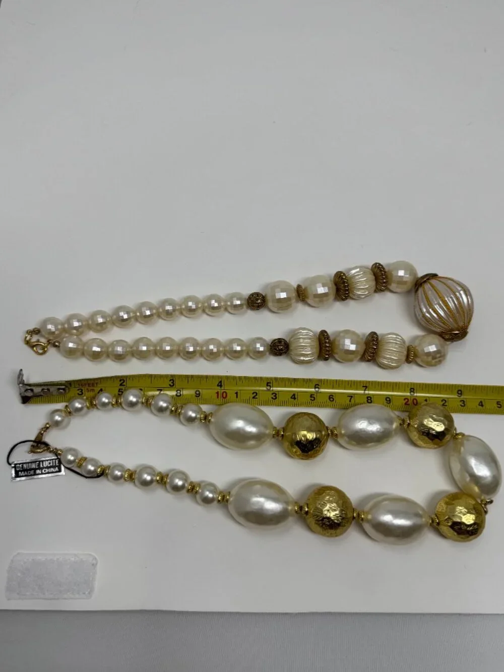 Lot of 2 Vintage Lucite Faux Pearl Statement Necklaces Gold Accent Chunky 18